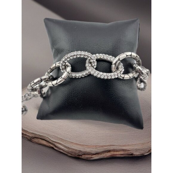 Brighton SILVER TONE TEXTURED CHAIN CRYSTAL 9" BRACELET BALL CHARM - Picture 3 of 5